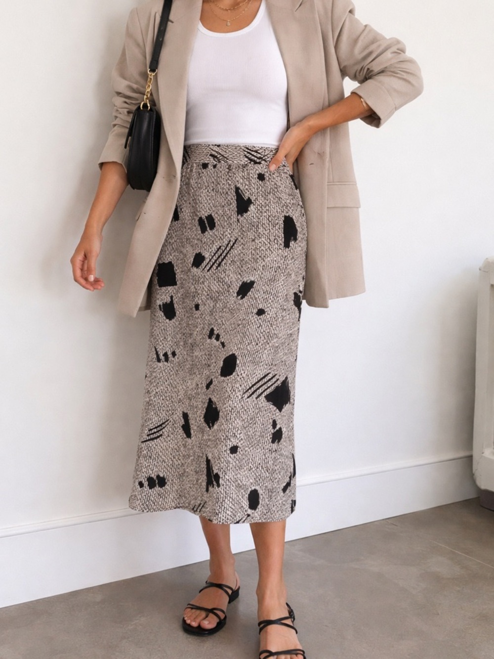 Maggy London Cream and Black Abstract Midi Skirt